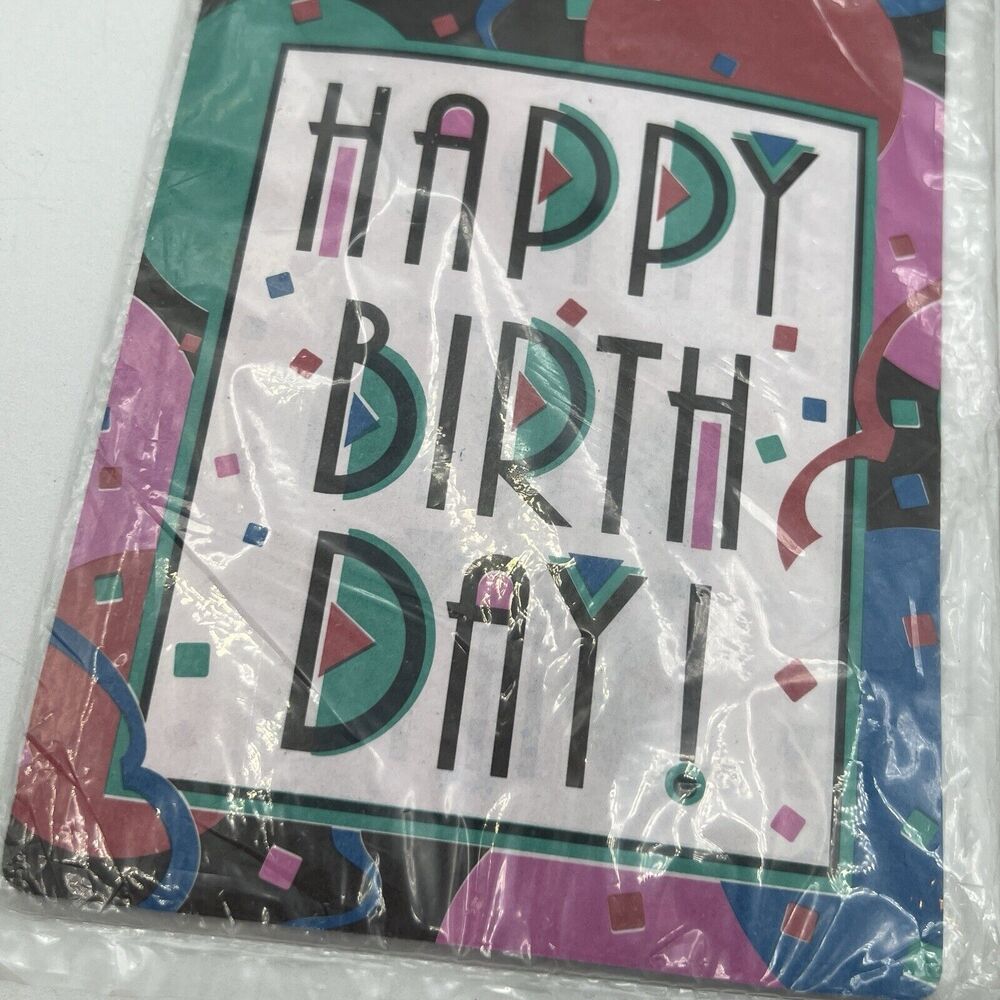 Vintage 1990s Art Deco Happy Birthday Hanging Banner Pink Teal Pop Art NEW